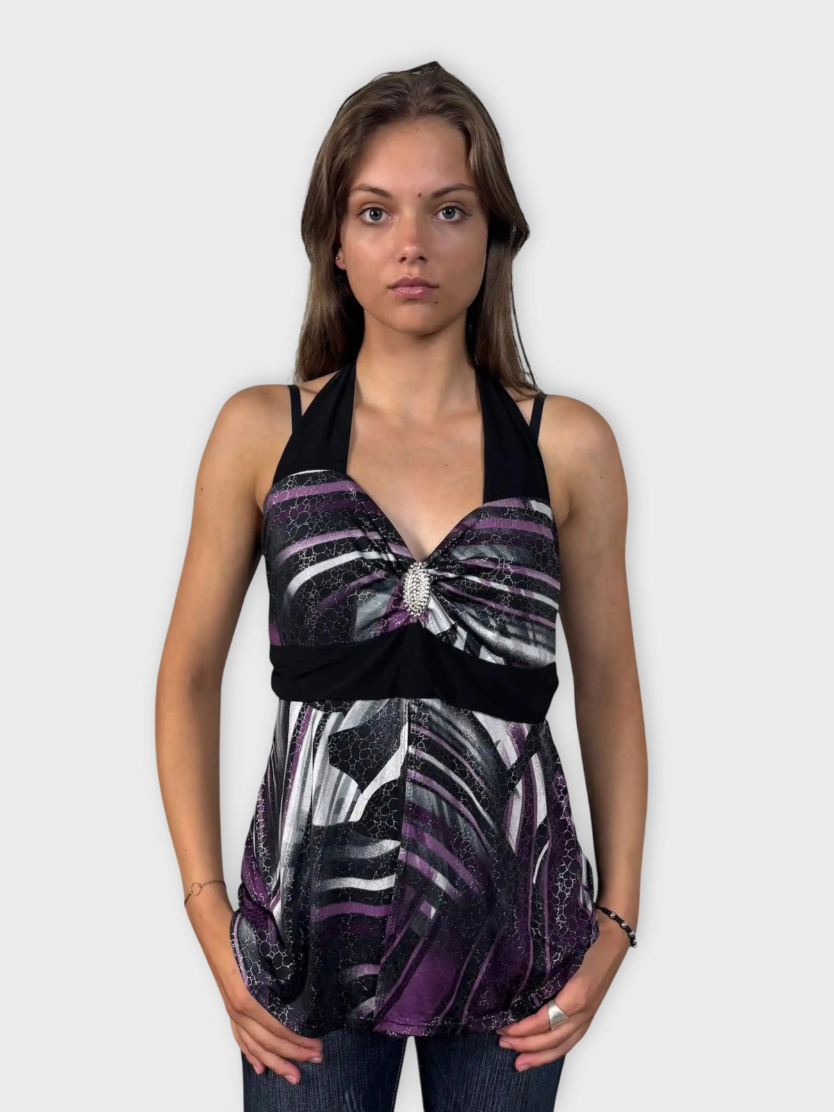 front view, Black Purple Pattern Halterneck Top, vintage Y2K second hand piece