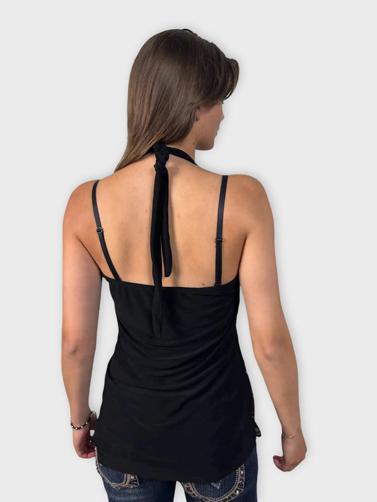 back view, Black Purple Pattern Halterneck Top, vintage Y2K second hand piece