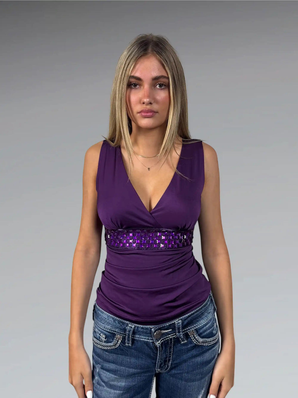 front view, Carolina Light Purple Disco-Inspired Party Top, vintage Y2K second hand piece
