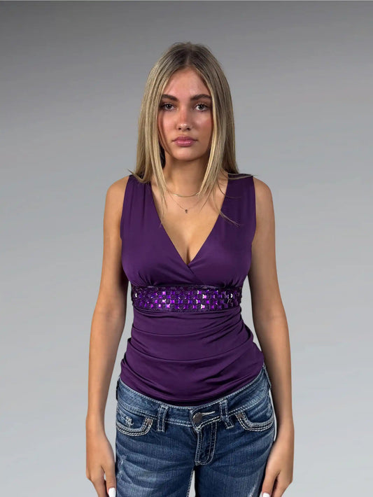 front view, Carolina Light Purple Disco-Inspired Party Top, vintage Y2K second hand piece