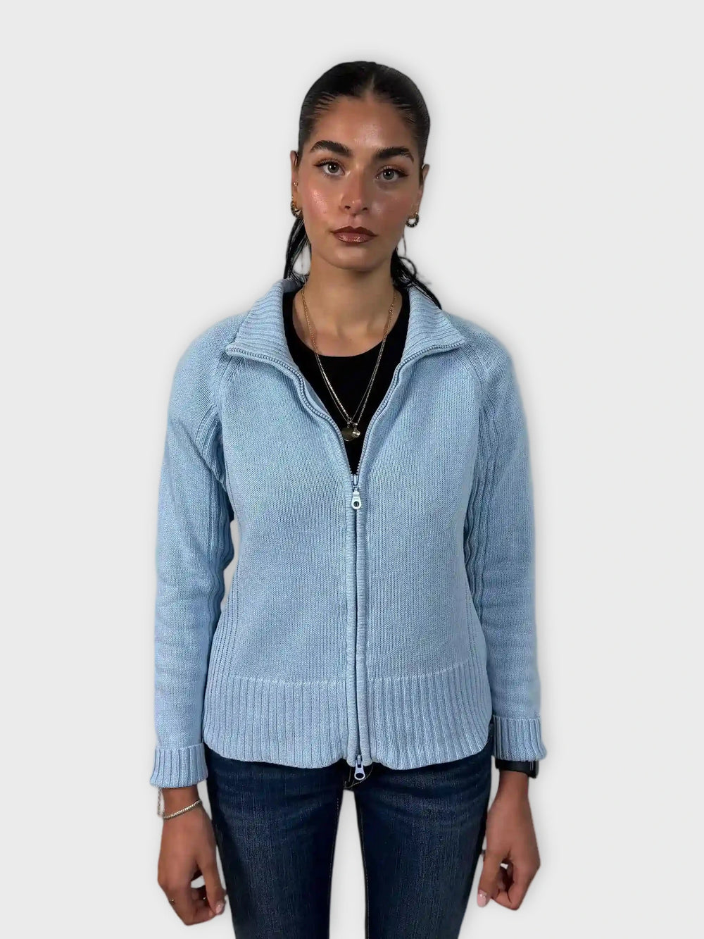 front view, Outline Turquoise Knit Zip-Up Cardigan, vintage Y2K second hand piece