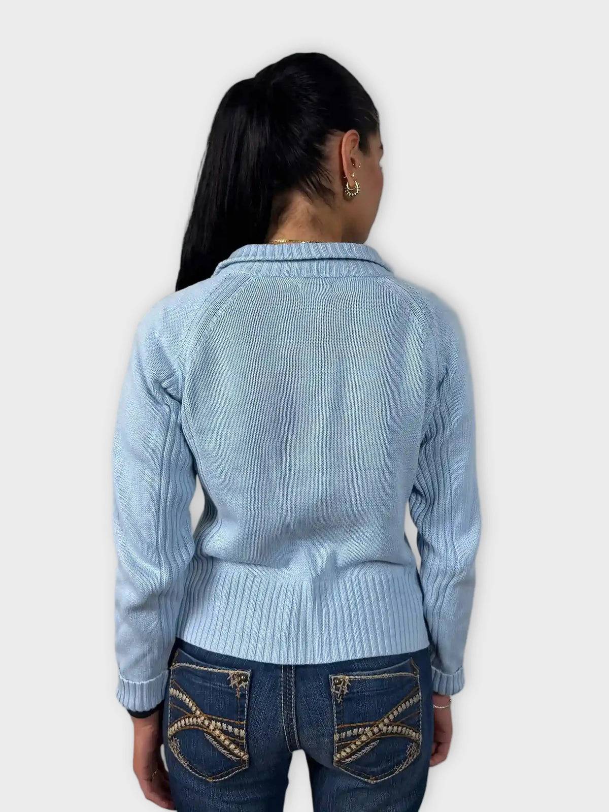 back view, Outline Turquoise Knit Zip-Up Cardigan, vintage Y2K second hand piece