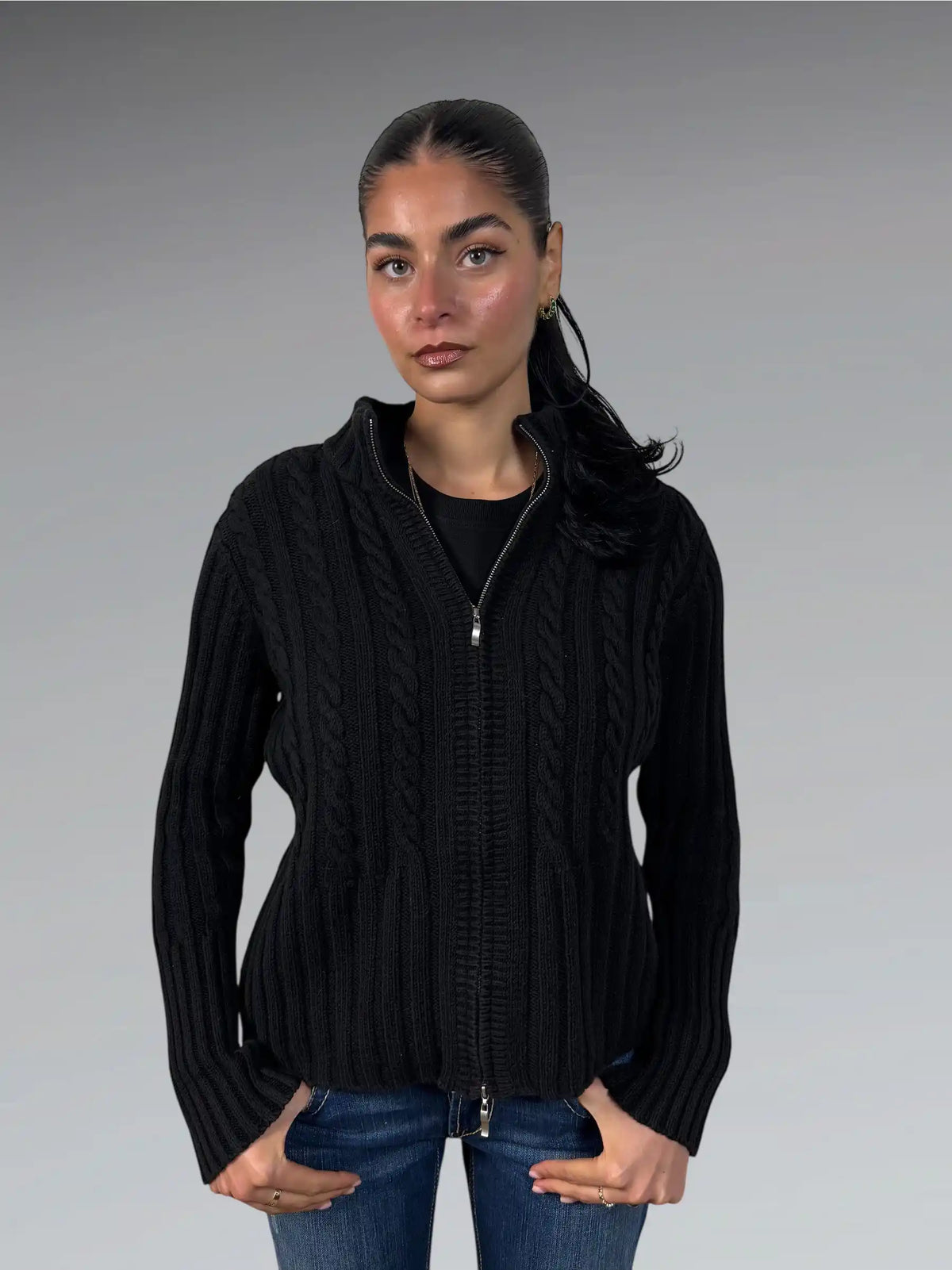 front view, Black Axcess Zip Cardigan, vintage Y2K second hand piece
