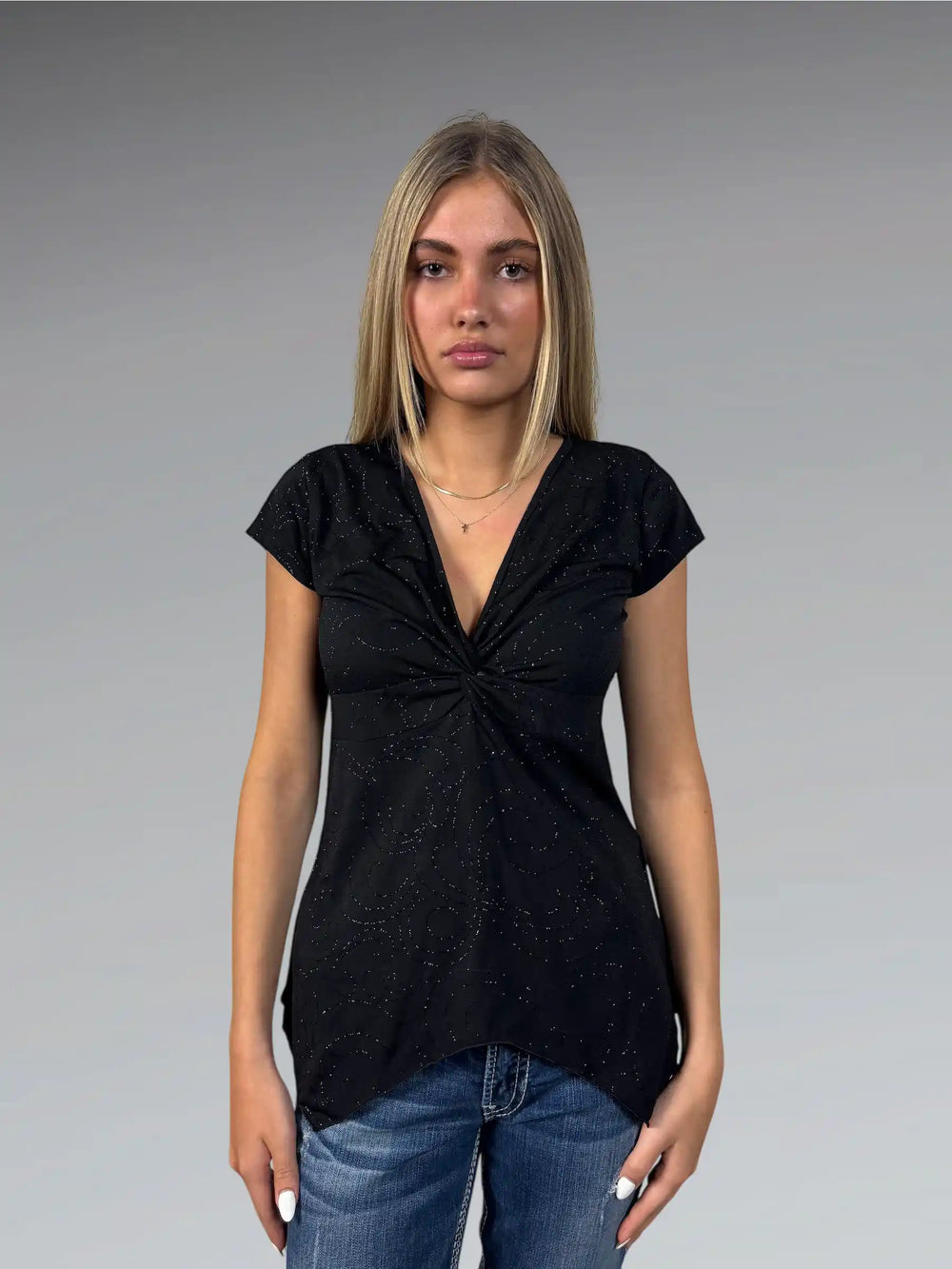 front view, Maridosa Black Sparkle Asymmetrical Hem Dress Top, vintage Y2K second hand piece