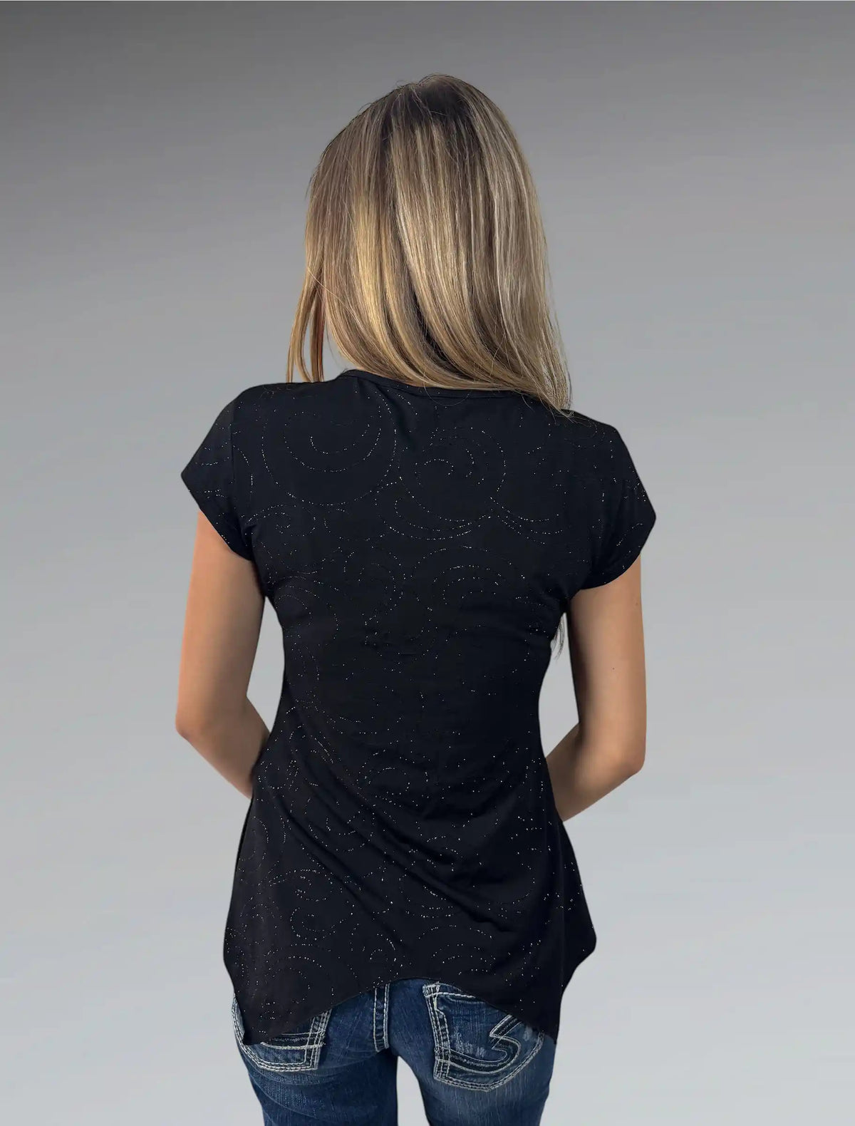 back view, Maridosa Black Sparkle Asymmetrical Hem Dress Top, vintage Y2K second hand piece