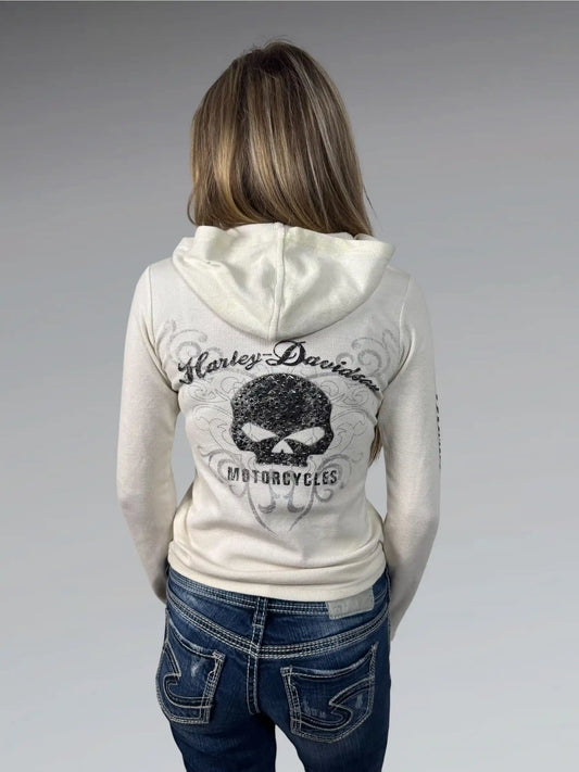 back view, Harley-Davidson Harley Davidson Beige Knit Sweater, vintage Y2K second hand piece