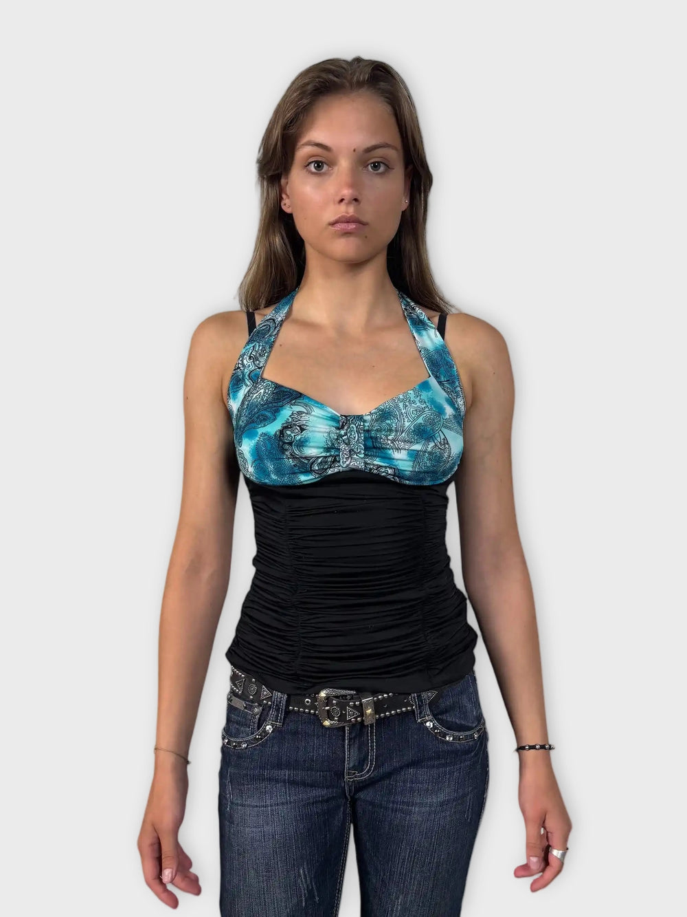 front view, Light Blue Paisley Halter Top, vintage Y2K second hand piece