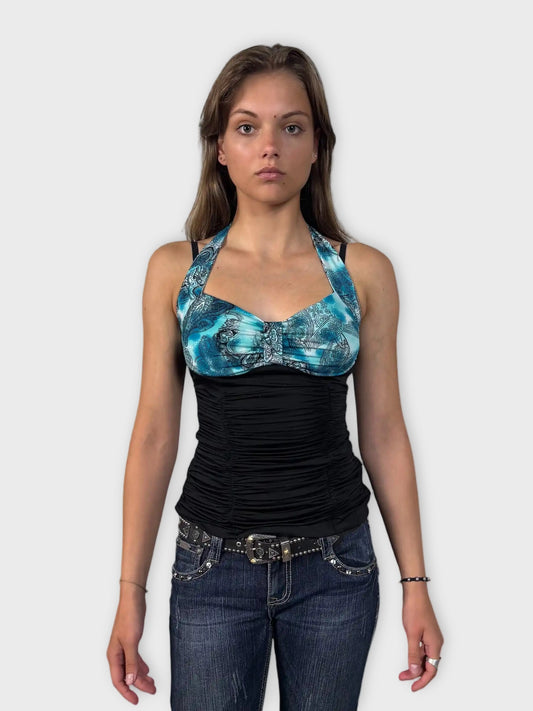 front view, Light Blue Paisley Halter Top, vintage Y2K second hand piece