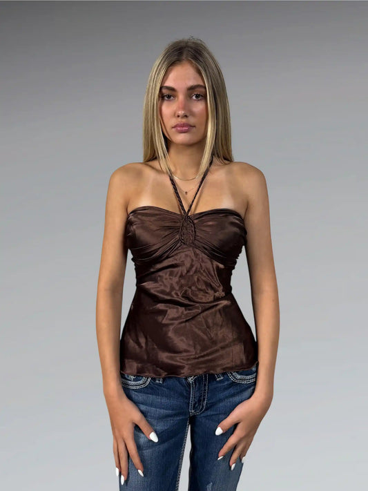 front view, Brown Satin Halter Bustier Top, vintage Y2K second hand piece