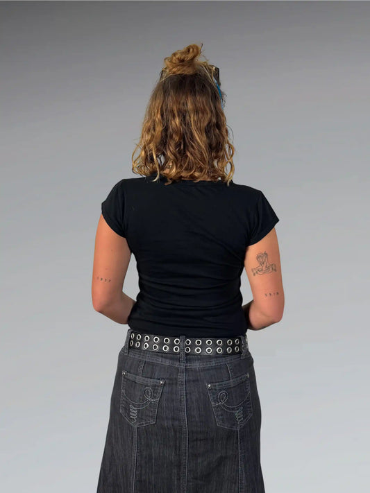 back view, Wet Seal Y2K Black Graphic Ed Hardy Style Tee, vintage Y2K second hand piece