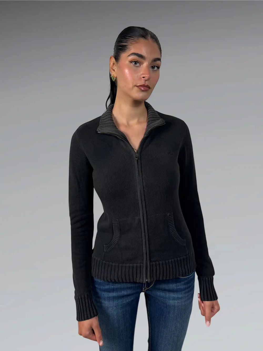 front view, Esprit Black Ribbed Full-Zip Sweater, vintage Y2K second hand piece