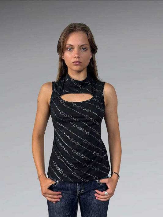 front view, Bebe Black Logo Print High Neck Top, vintage Y2K second hand piece