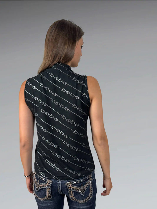 back view, Bebe Black Logo Print High Neck Top, vintage Y2K second hand piece