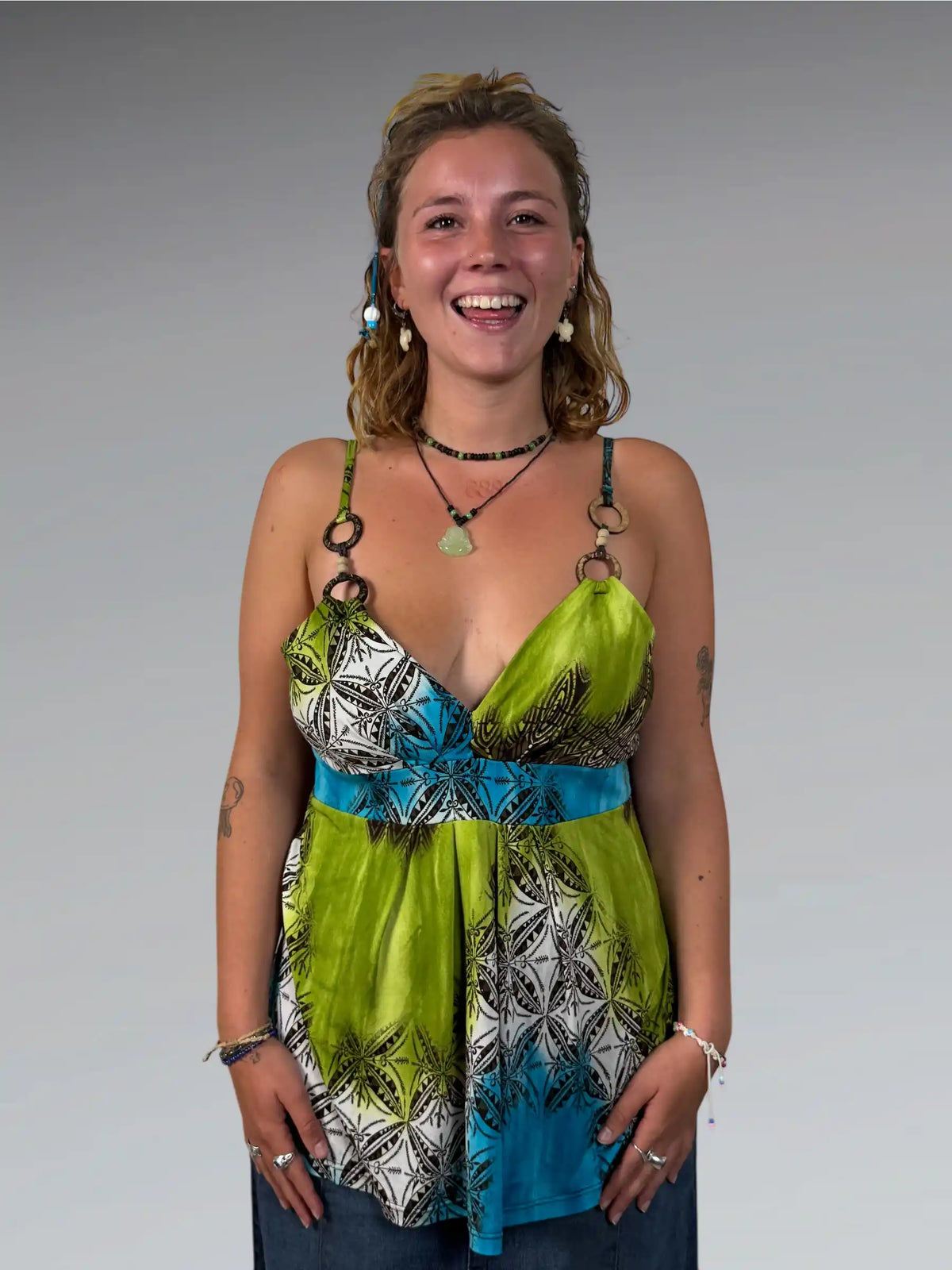 front view, Gitana Marie Grey asymmetric fairy style top with flower appliqué, vintage Y2K second hand piece