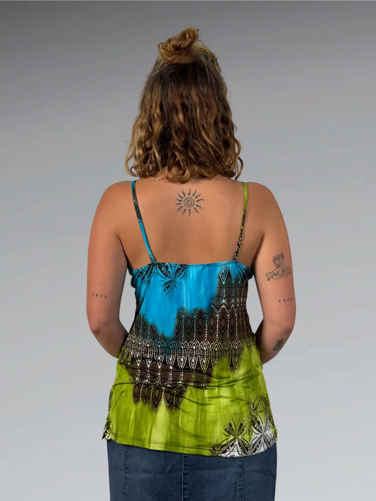 back view, Gitana Marie Grey asymmetric fairy style top with flower appliqué, vintage Y2K second hand piece