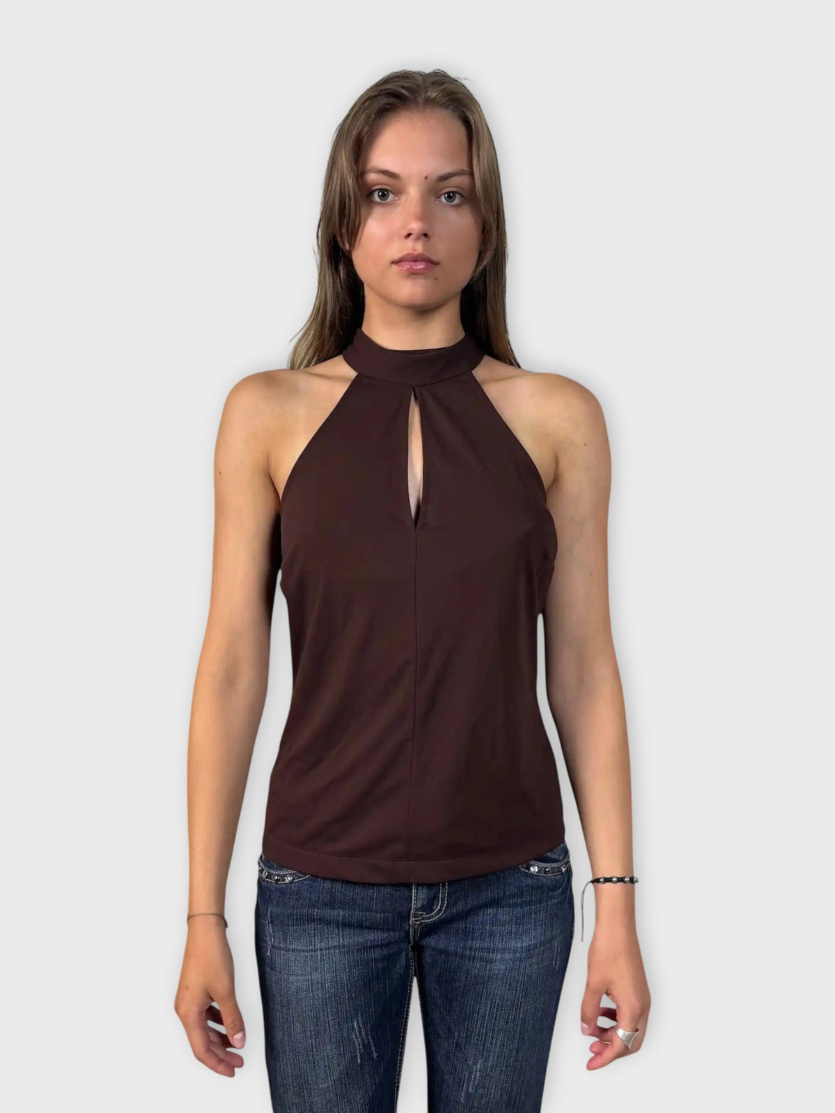 front view, Clifford & Will Brown Bow Tie Halter Top, vintage Y2K second hand piece