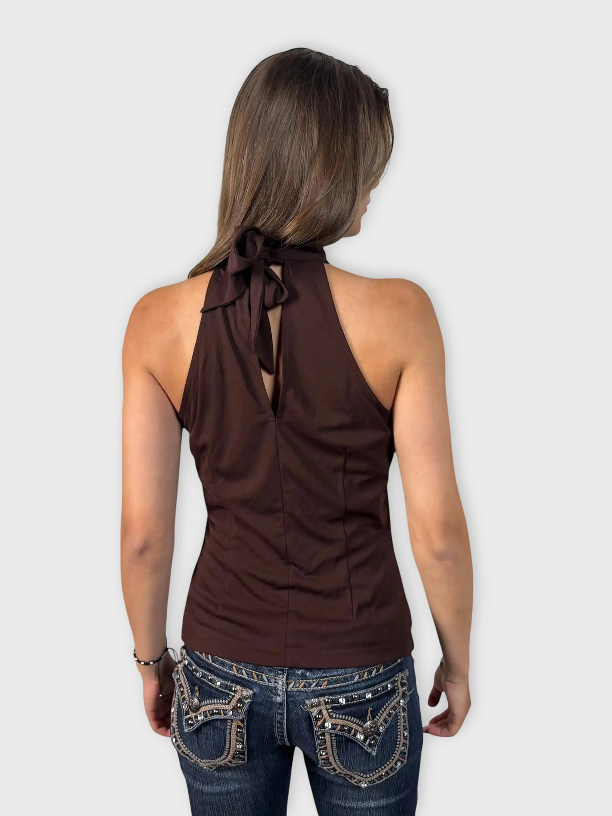 back view, Clifford & Will Brown Bow Tie Halter Top, vintage Y2K second hand piece