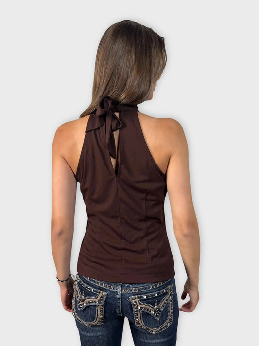 back view, Clifford & Will Brown Bow Tie Halter Top, vintage Y2K second hand piece