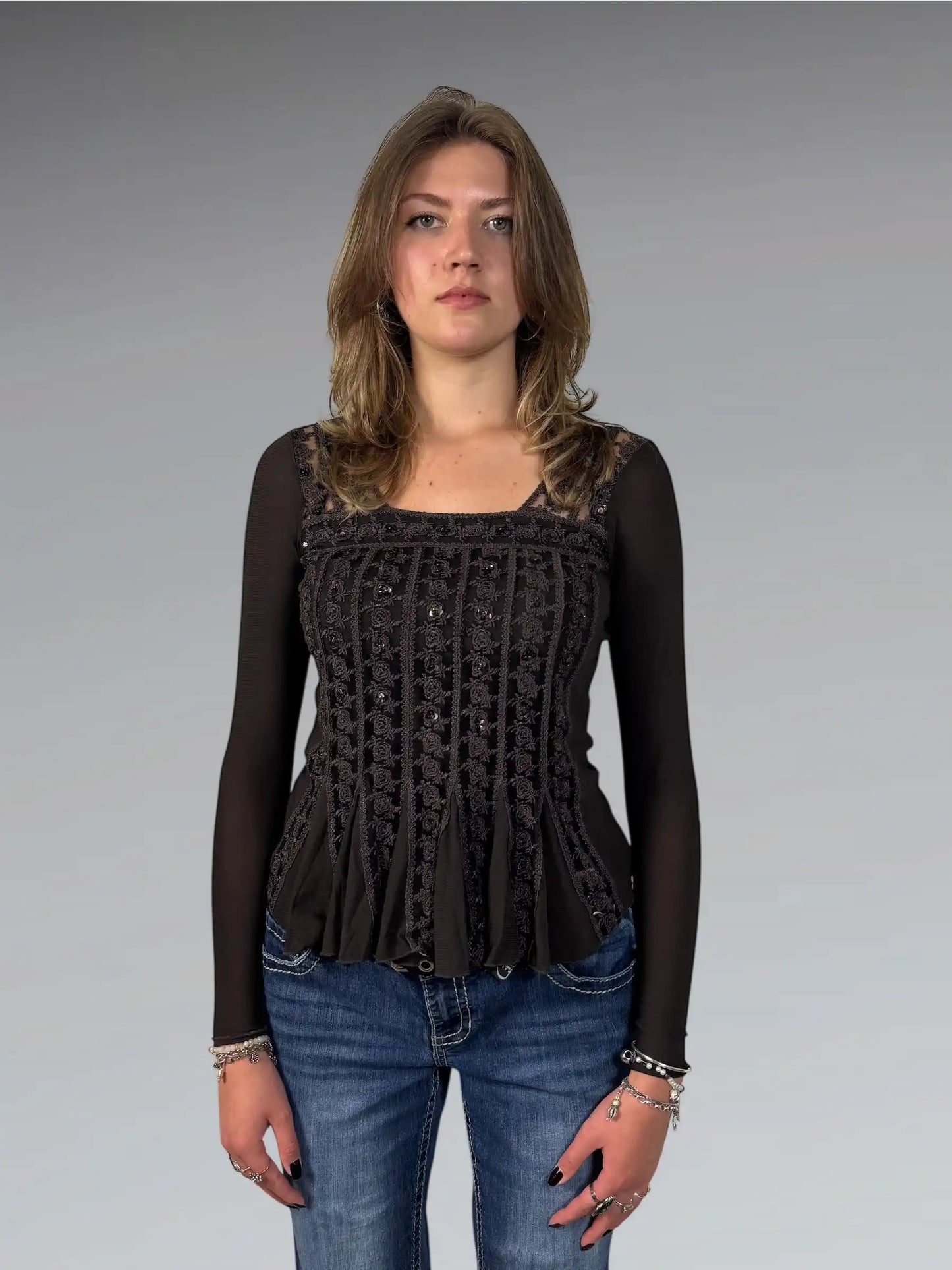 front view, Francias Montreal Francais Montreal Brown Ruched Top, vintage Y2K second hand piece