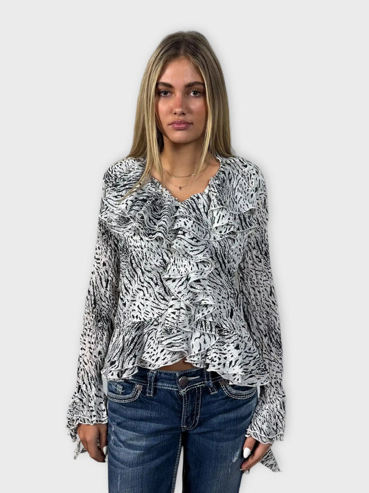 front view, Kaelyn Max White Tiger Print Long Vintage Top, vintage Y2K second hand piece