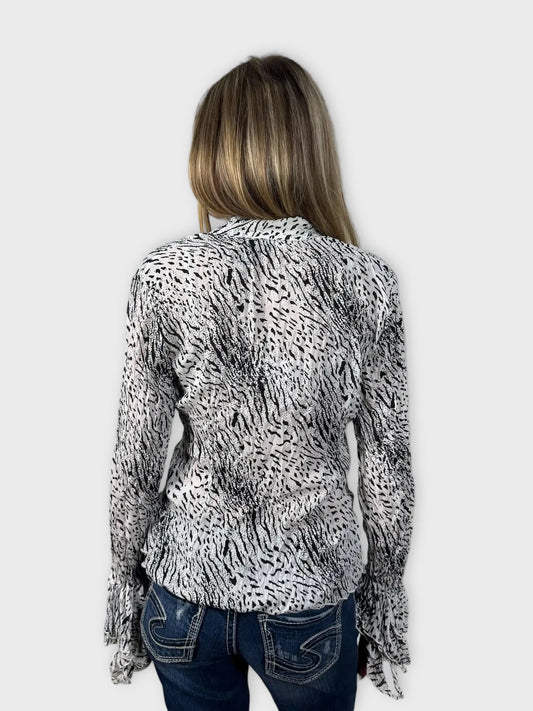 back view, Kaelyn Max White Tiger Print Long Vintage Top, vintage Y2K second hand piece