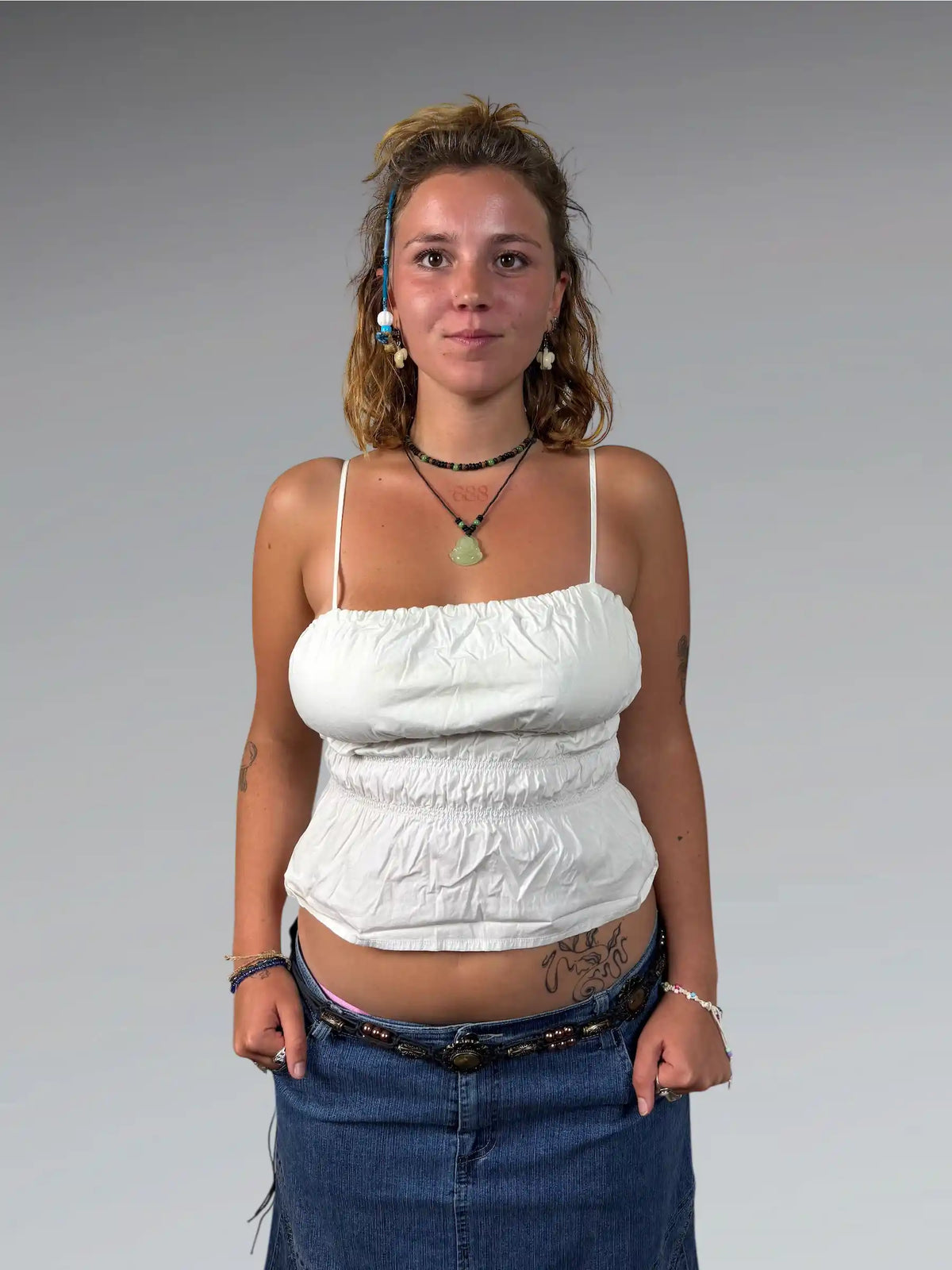 front view, Dynamite Beige Ruffled Camisole Top, vintage Y2K second hand piece