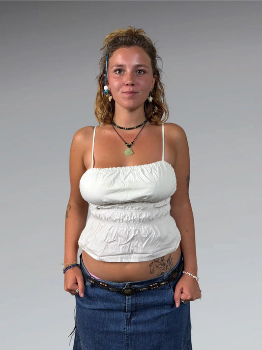 front view, Dynamite Beige Ruffled Camisole Top, vintage Y2K second hand piece