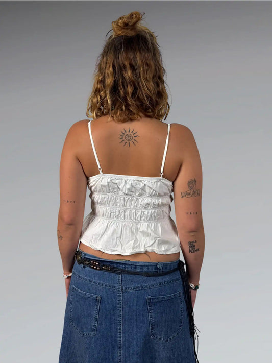back view, Dynamite Beige Ruffled Camisole Top, vintage Y2K second hand piece