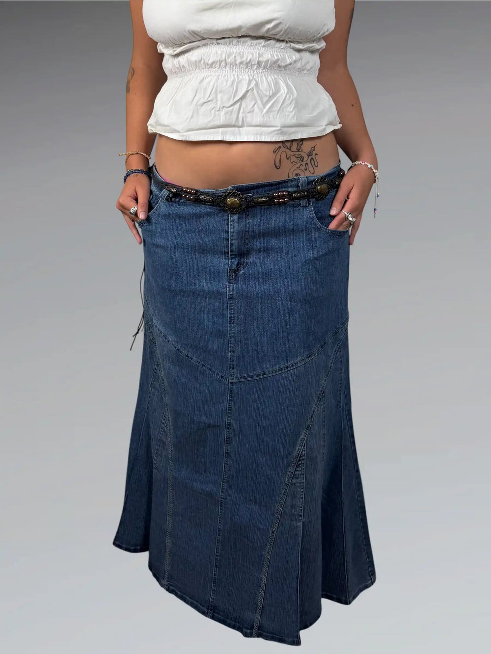 front view, Cal Fashion Blue Denim Maxi Skirt, vintage Y2K second hand piece