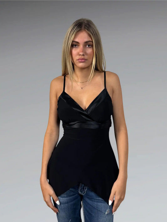 front view, Wet Seal Black Satin Bow Detail Top, vintage Y2K second hand piece