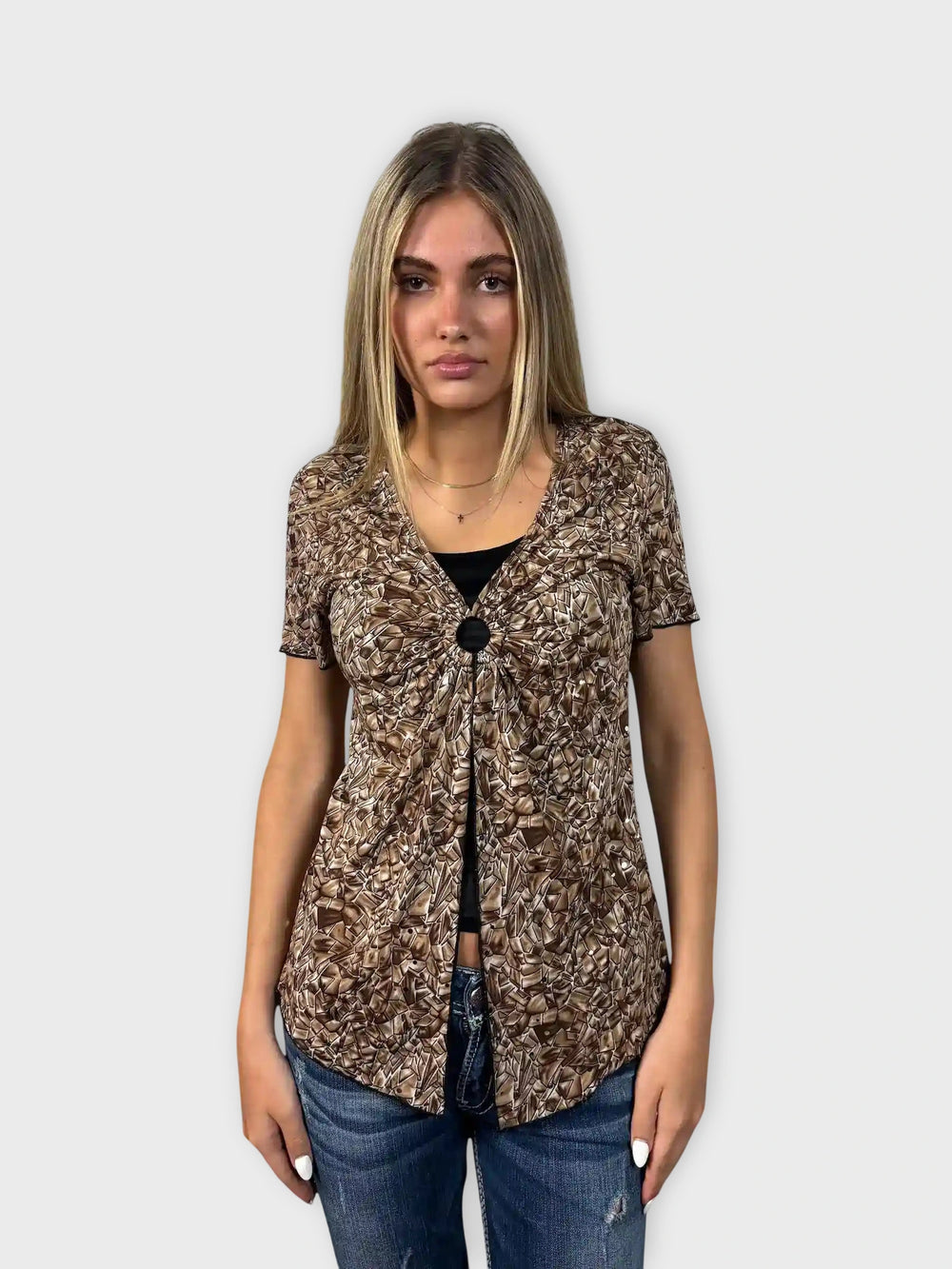 front view, Brittany Brown Abstract Pattern Tunic, vintage Y2K second hand piece