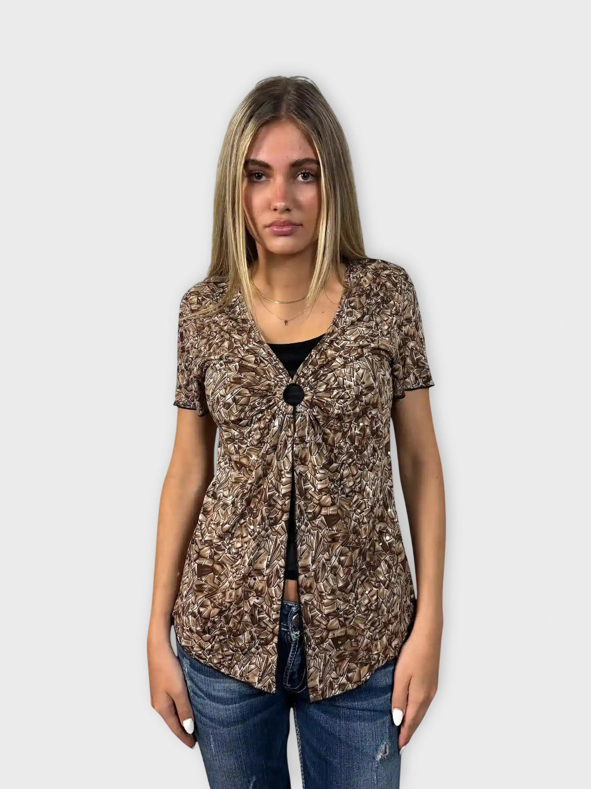 front view, Brittany Brown Abstract Pattern Tunic, vintage Y2K second hand piece