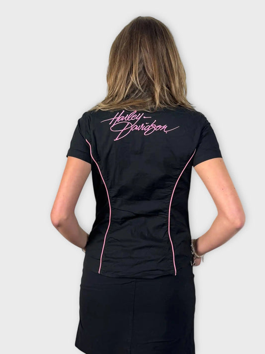 back view, Harley-Davidson Harley Davidson Black Pink Fitted Biker Shirt, vintage Y2K second hand piece