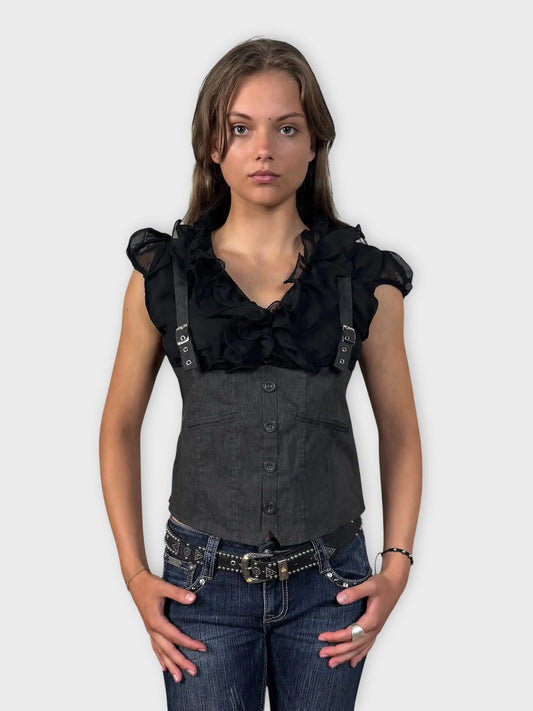 front view, Seduction Black and Grey Ruffled Corset Top, vintage Y2K second hand piece