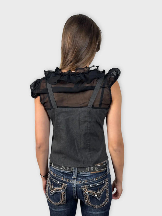 back view, Seduction Black and Grey Ruffled Corset Top, vintage Y2K second hand piece