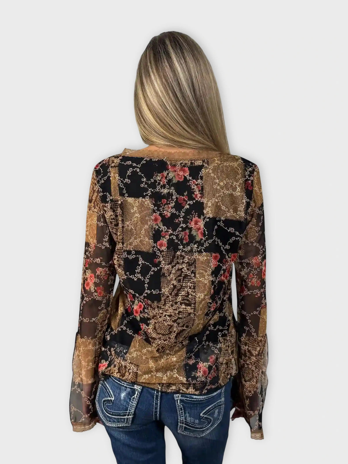 back view, Earthtone Floral V-Neck Boho Blouse, vintage Y2K second hand piece