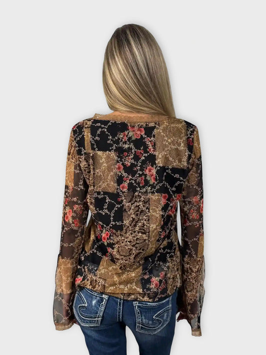 back view, Earthtone Floral V-Neck Boho Blouse, vintage Y2K second hand piece