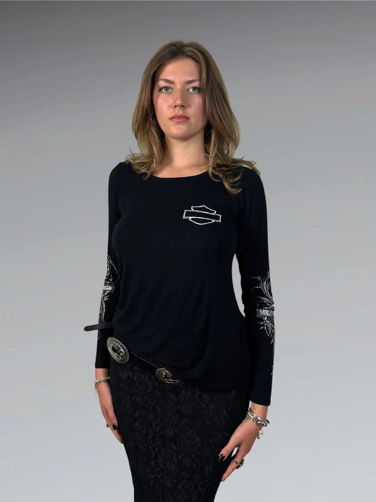 front view, Harley-Davidson Rhinestone Logo Long Sleeve Tee, vintage Y2K second hand piece