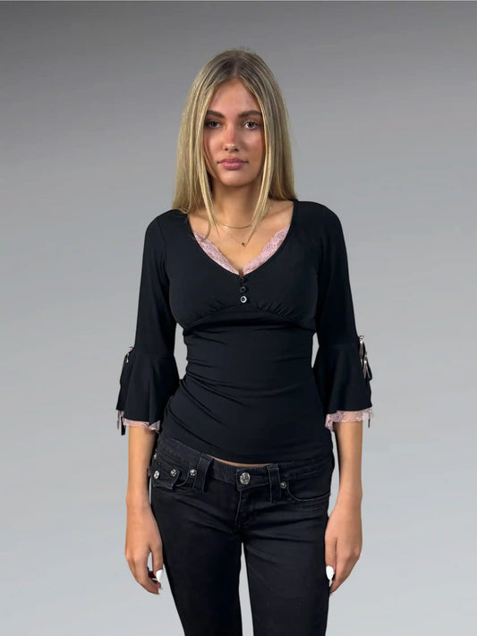 front view, Bisou Bisou Lace Bell-Sleeve Black Top, vintage Y2K second hand piece