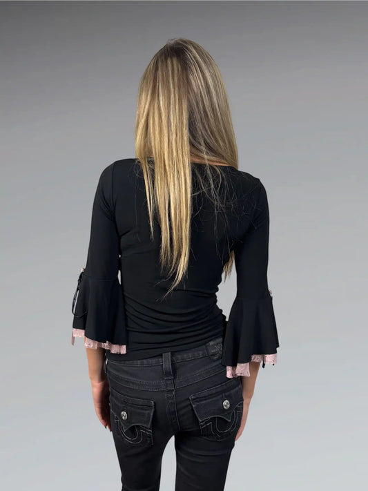 back view, Bisou Bisou Lace Bell-Sleeve Black Top, vintage Y2K second hand piece