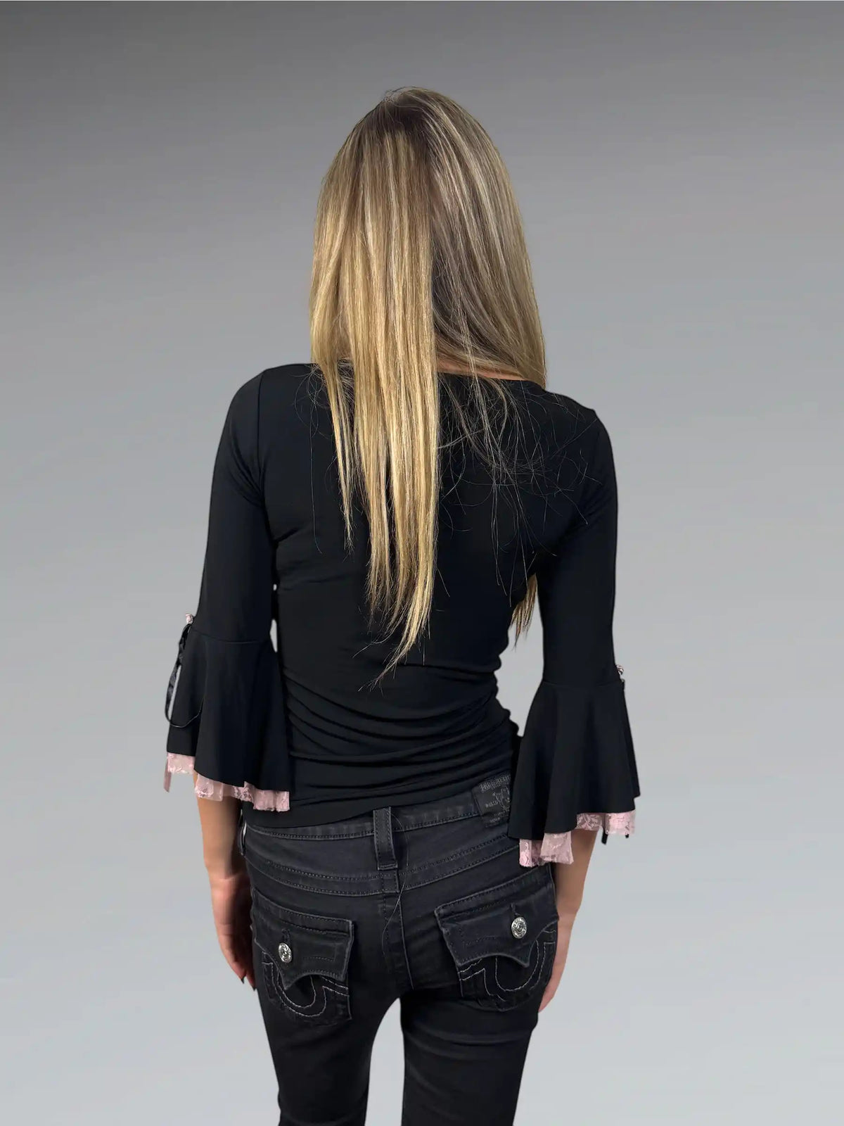 Bisou Bisou Lace Bell-Sleeve Black Top (S)