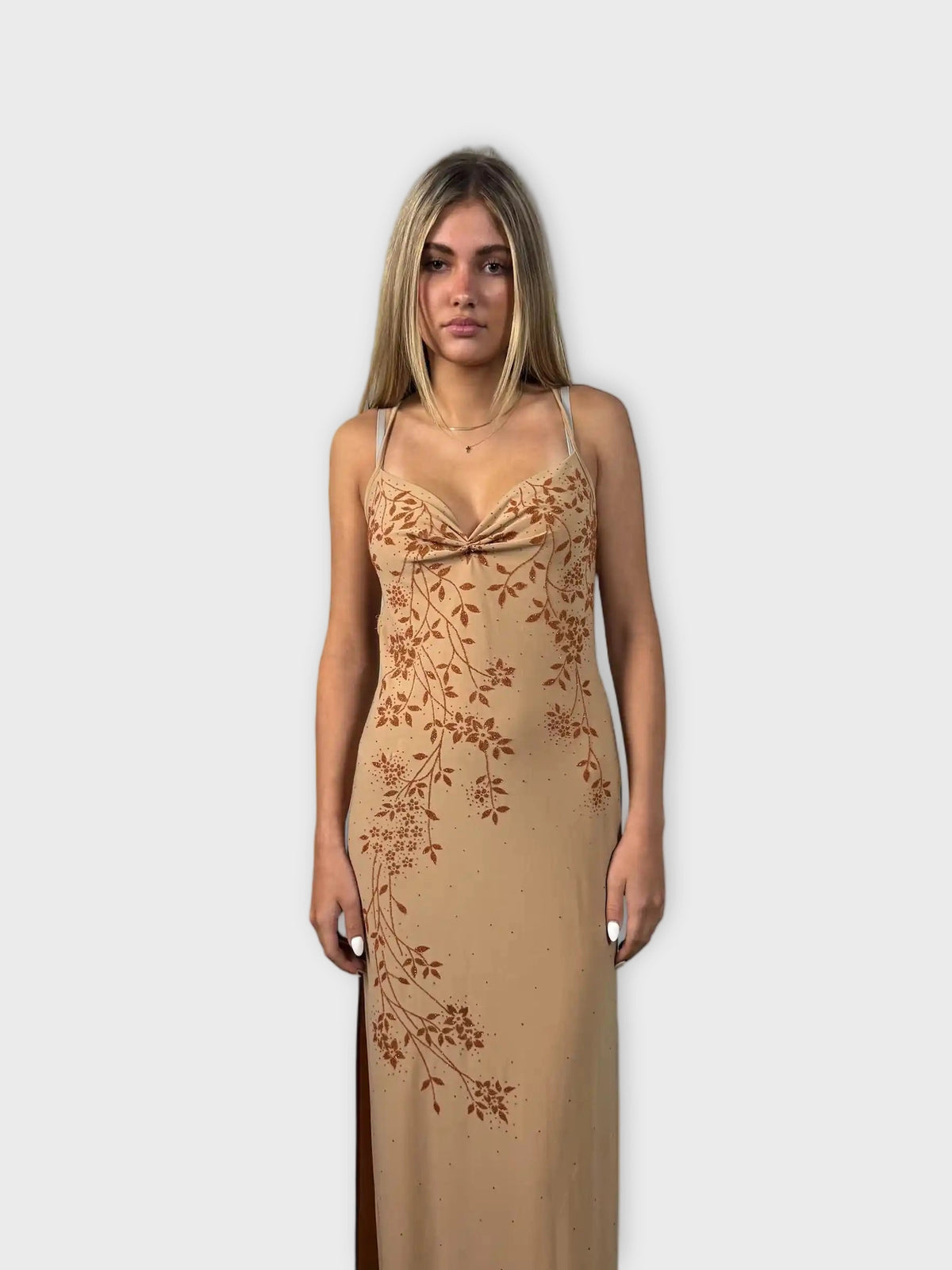 front view, Sabora Yellow Floral Halter Maxi Dress, vintage Y2K second hand piece