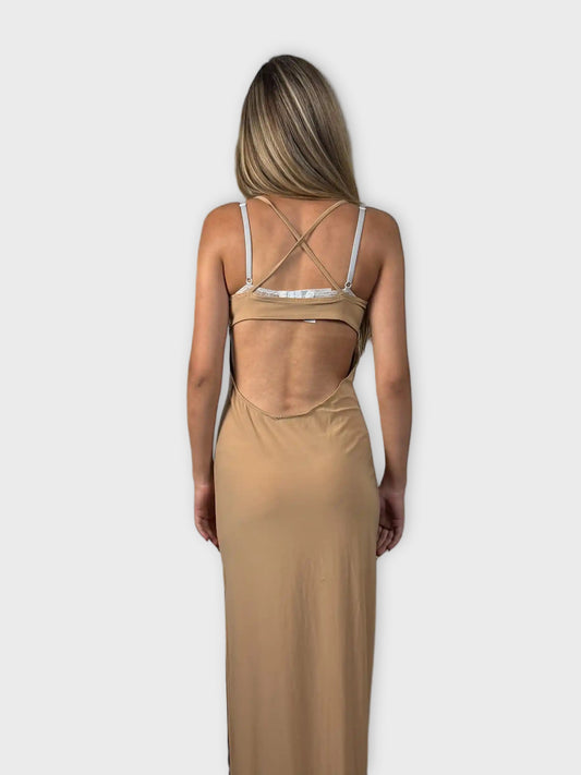 back view, Sabora Yellow Floral Halter Maxi Dress, vintage Y2K second hand piece