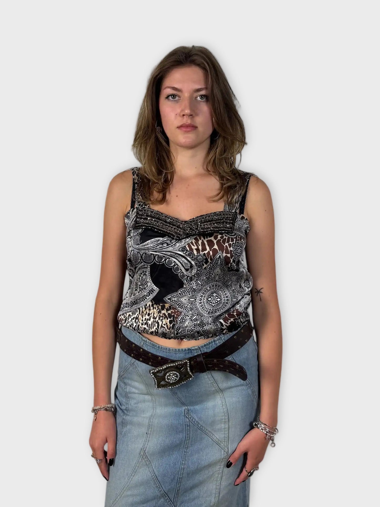 front view, Cache paisley animal mix cami, vintage Y2K second hand piece