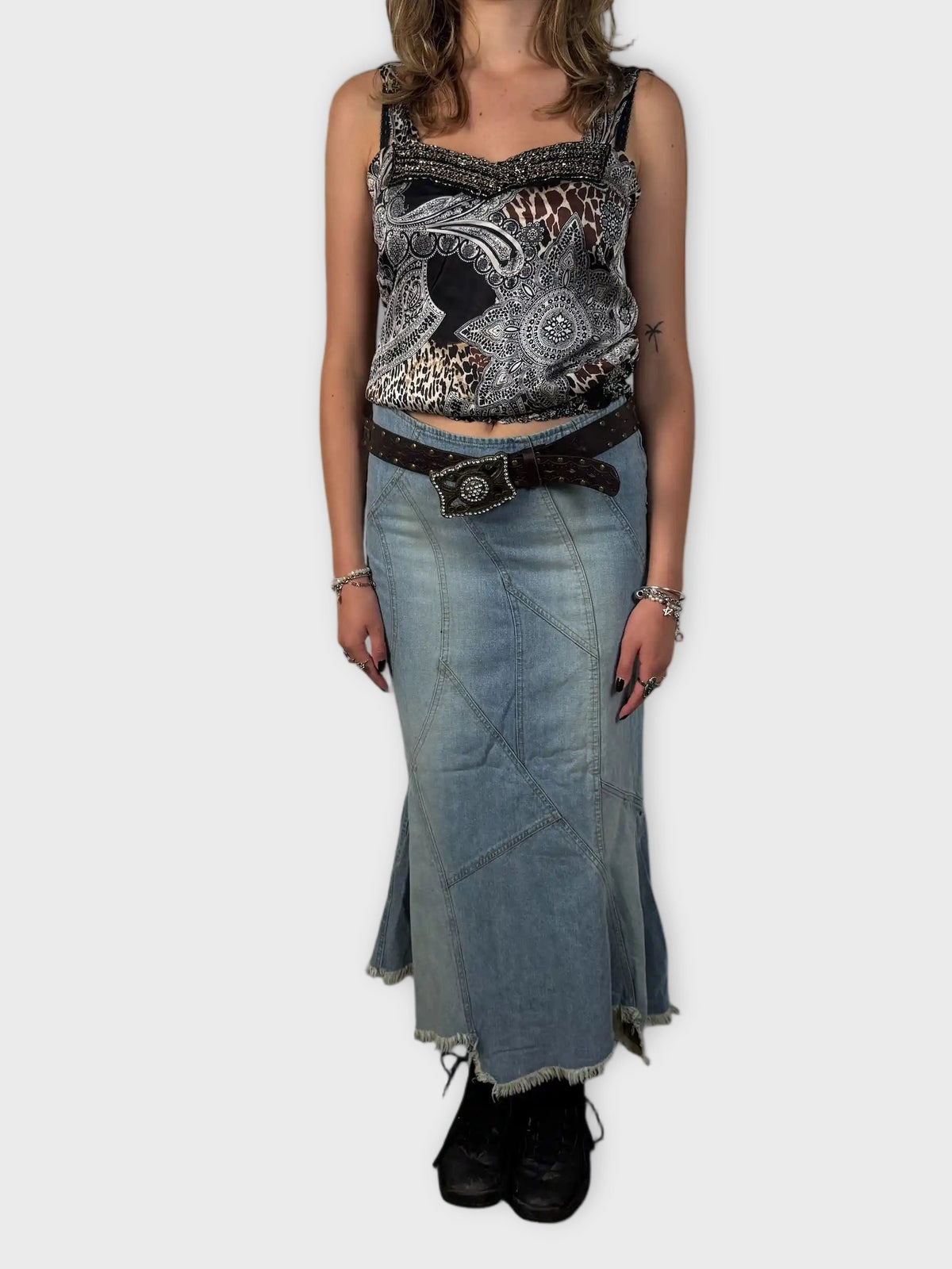 front view, Free People Light Blue Bohemian Skirt, vintage Y2K second hand piece