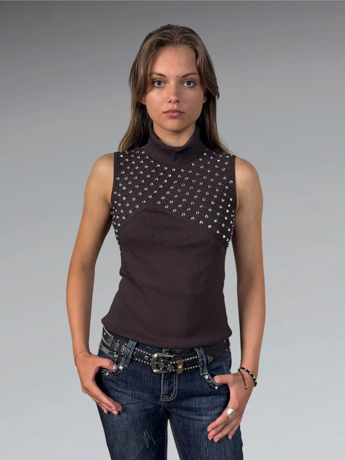 front view, Leonards brown studded turtleneck top, vintage Y2K second hand piece