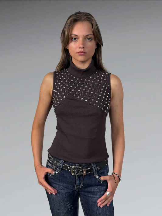 front view, Leonards brown studded turtleneck top, vintage Y2K second hand piece