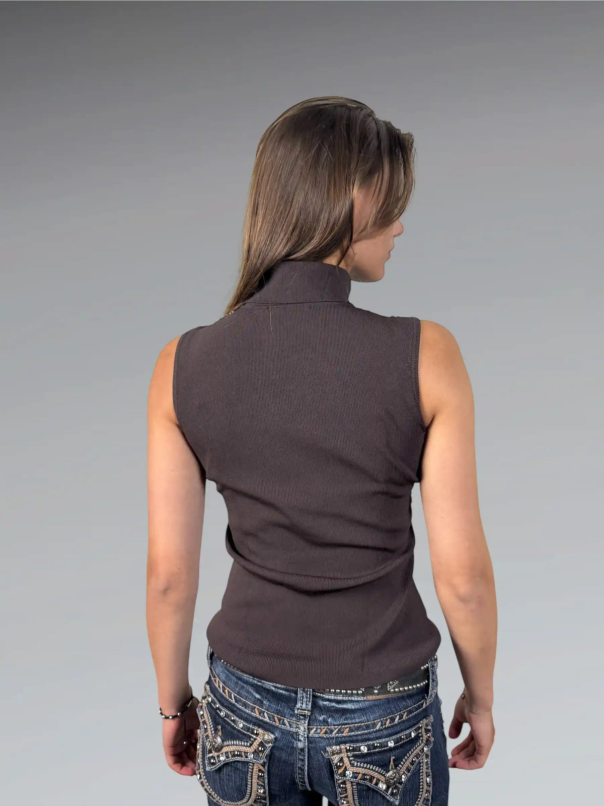 back view, Leonards brown studded turtleneck top, vintage Y2K second hand piece