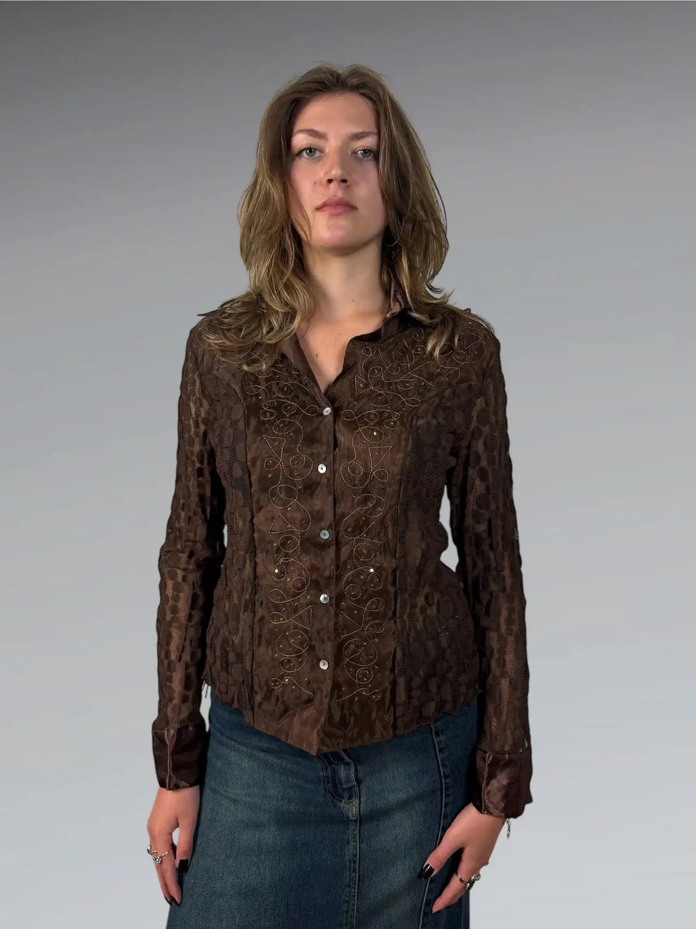 front view, Poriline Retro Brown Satin Collar Embellished Button-Up, vintage Y2K second hand piece