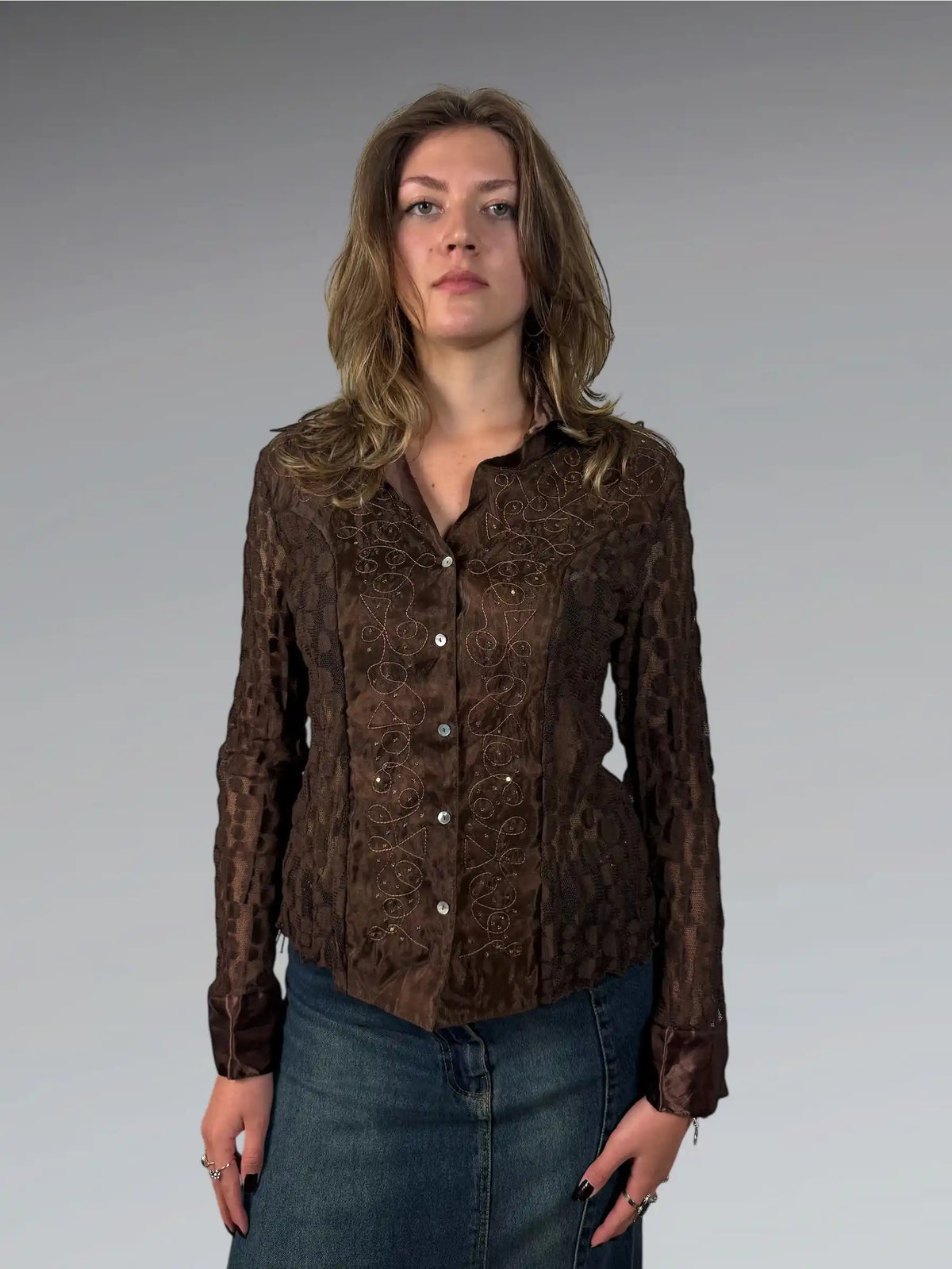 front view, Poriline Retro Brown Satin Collar Embellished Button-Up, vintage Y2K second hand piece